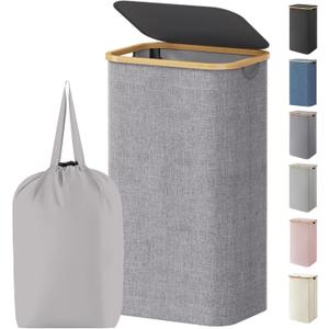Lifewit 100L Laundry Basket with Lid, Clothes Hampers for Laundry with Bamboo Handles and 1 Removable Bag, Large Foldable Laundry Hamper for Bedroom, Bathroom, Dorm, Laundry Room, Light Gray