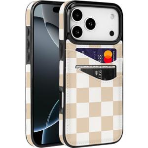 Compatible with iPhone 17 Pro Max Wallet Case for Card Holder PU Leather Slot Shockproof Soft TPU Cover for Women Girls Cute Case for iPhone 17 Pro Max 6.9 inch (Neutral Checkerboard)