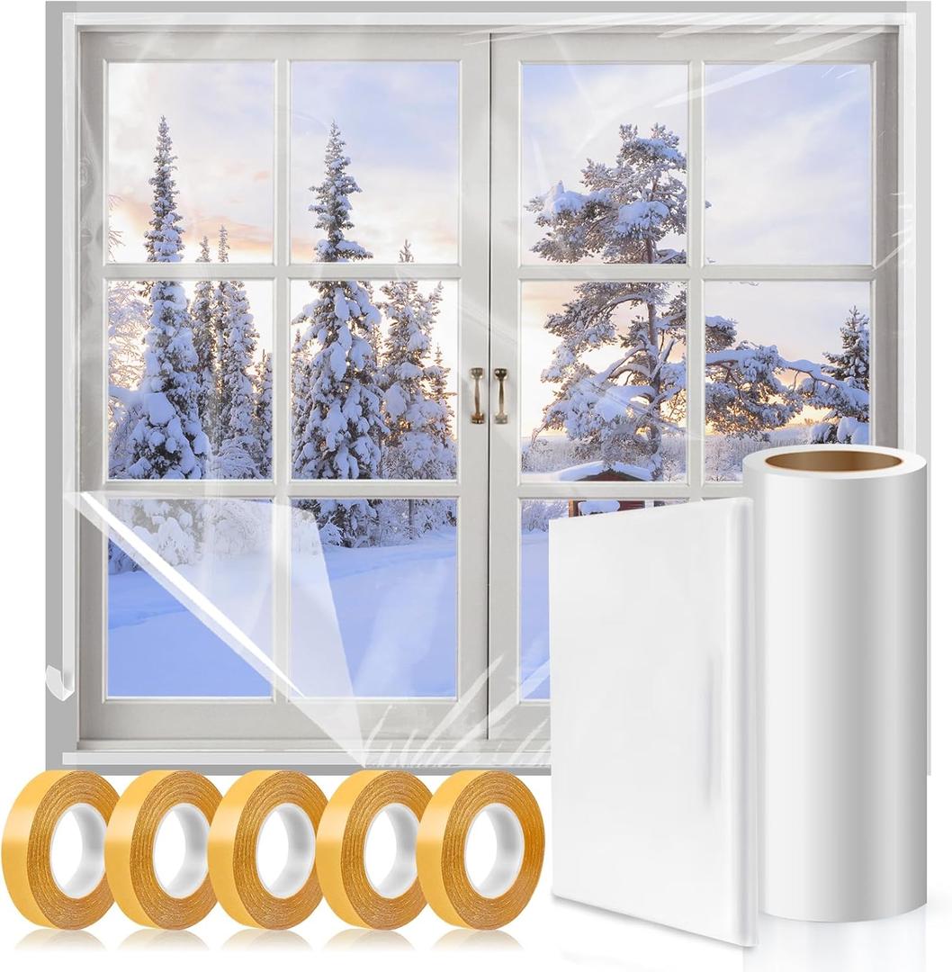 Window Insulation Kit, 63  394" and 87  110"Plastic Window Coverings for Winter, Thicken Window Shrink Film Insulator Kit Windows Waterproof Winterizing with Double-Sided Tape