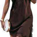 MakeMeChic Women's Lace Satin Asymmetrical Tops Spaghetti Strap Contrast Mini Dress (Brown, Small)