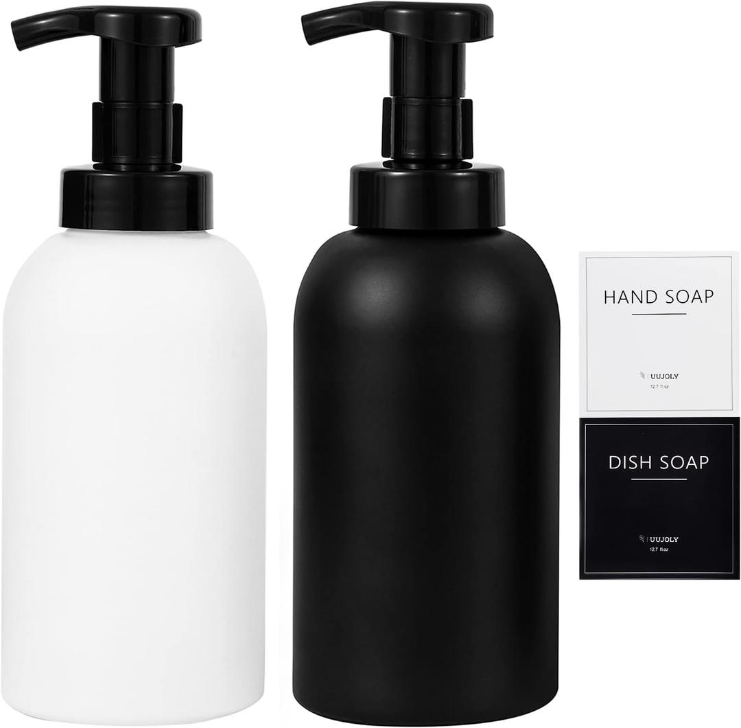 Foaming Hand Soap Dispenser Glass Jar Foam Dish Soap Dispenser for Bathroom and Kitchen Sink, Liquid Pump Bottle for Shampoo, Body Wash, Hand Soap, Black + White, 2 Pack