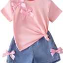 WDIRARA Toddler Girls 2 Piece Bow Knot Cute Summer Outfits Short Sleeve T Shirt and Denim Shorts Sets (Pink)