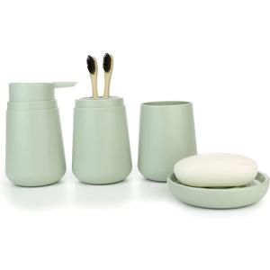 Modern Bathroom Accessories Set, 4-Piece Storage Collection with Soap Dispenser, Toothbrush Holder, Pink (Green)