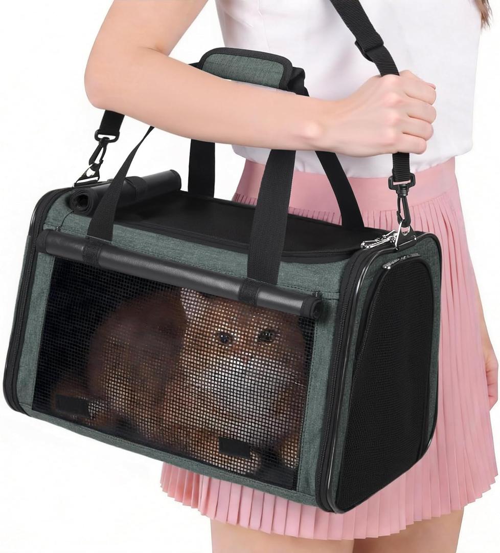 YUDODO 25 lbs Lightproof Soft Sided Pet Carrier for Large Cat & Small Dog Airline Approved Travel Puppy Carrier with Side Pockets & Reflective Mesh, Foldable Portable for Outdoor Car Grey Green