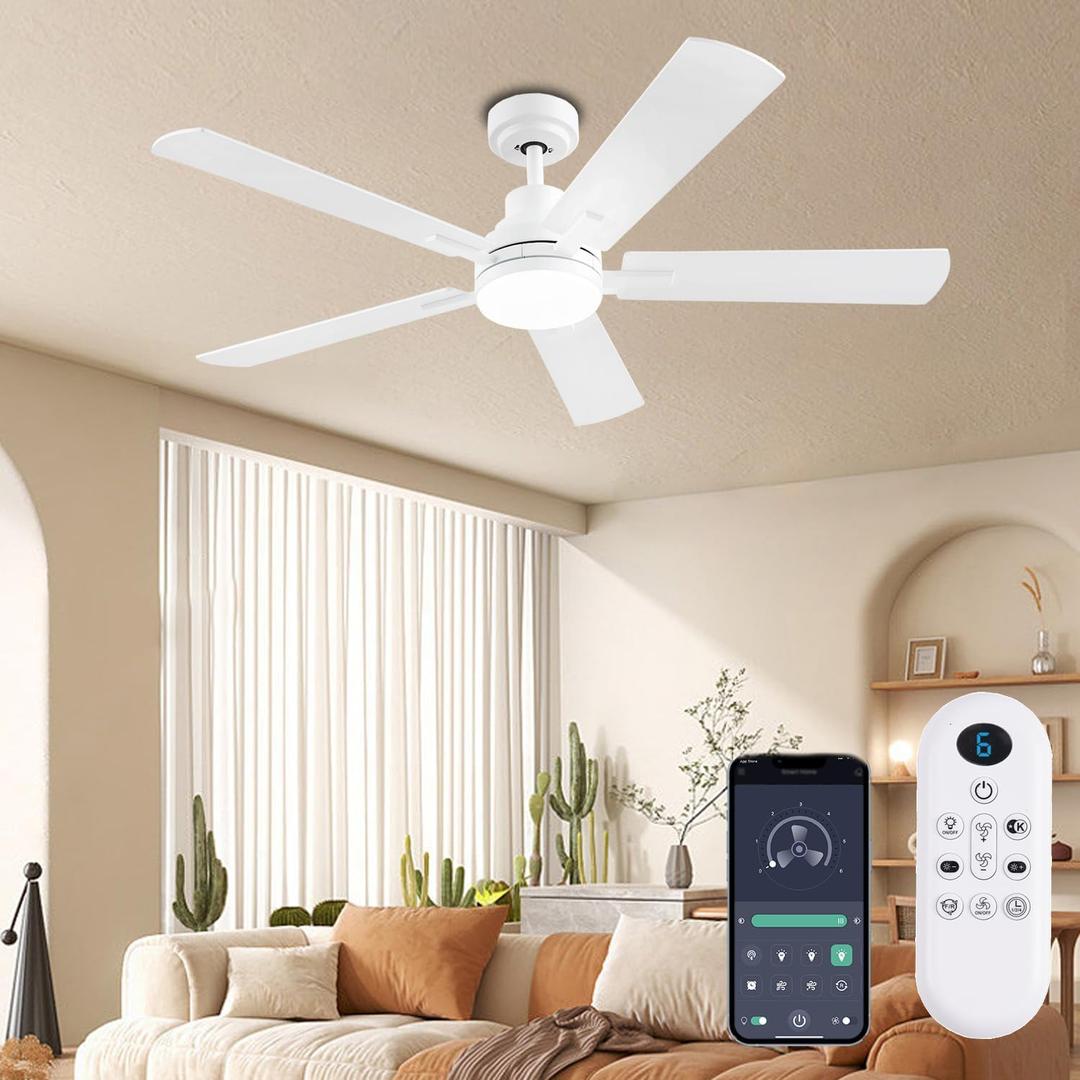 52 Inch Smart Ceiling Fan with Lights, Remote & App Control, DC Reversible Motor, 8 Speeds Quiet 35dB, 3CCT Dimmable LED, Low Profile Modern Ceiling Fans for Bedroom Living Room, White