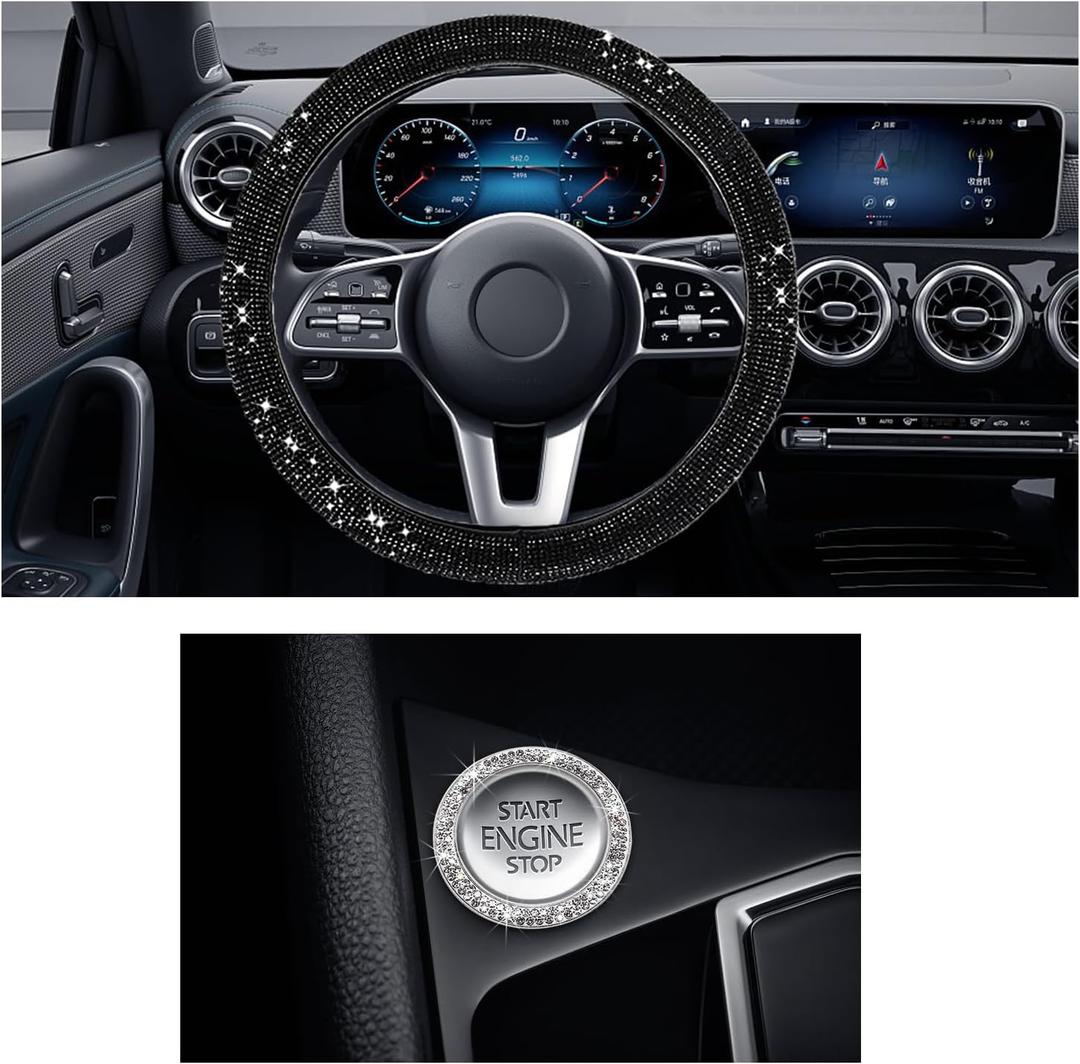Ziciner Bling Car Steering Wheel Cover, Crystal Glitter Rhinestone Wheel Protector for Vehicle, Universal Automotive Interior Decorative Accessories with Start Button Starter Ring (Black)