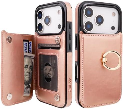 ONETOP for iPhone 17 Pro Wallet Case with Card Holder, 360° Rotation Ring Kickstand RFID Blocking PU Leather Double Magnetic Clasp Shockproof Cover for Women and Girls 6.3 Inch (Rose Gold)