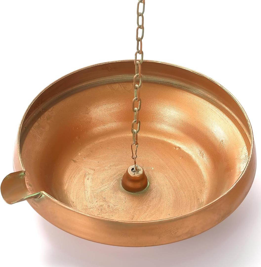 Rain Chain Anchoring Basin, Hand Hammered Bowl for Rain Chain Downspout Gutters, Rain Chain Anchor with S-Hook, Heavy Duty Metal Rain Chain Basin of Chain Display for Outdoor, 12.9" Diameter, 4" High (Antique Copper)