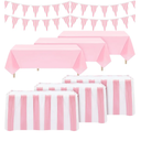 8 Pcs Pink Circus Theme Party Decors Disposable Table Skirts Pastel Circus Theme Tablecloths Pink White Striped Pennant Banners Carousel Party Decoration for Birthday Wedding Decor
