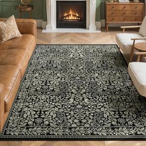LIVEBOX Washable 5x7 Area Rugs for Living Room Vintage Floral, Non Slip Black Botanical Birds Nature Rugs for Bedroom, Large Soft Low Pile Carpet for Dining Room Decor (Black,5'x7') 