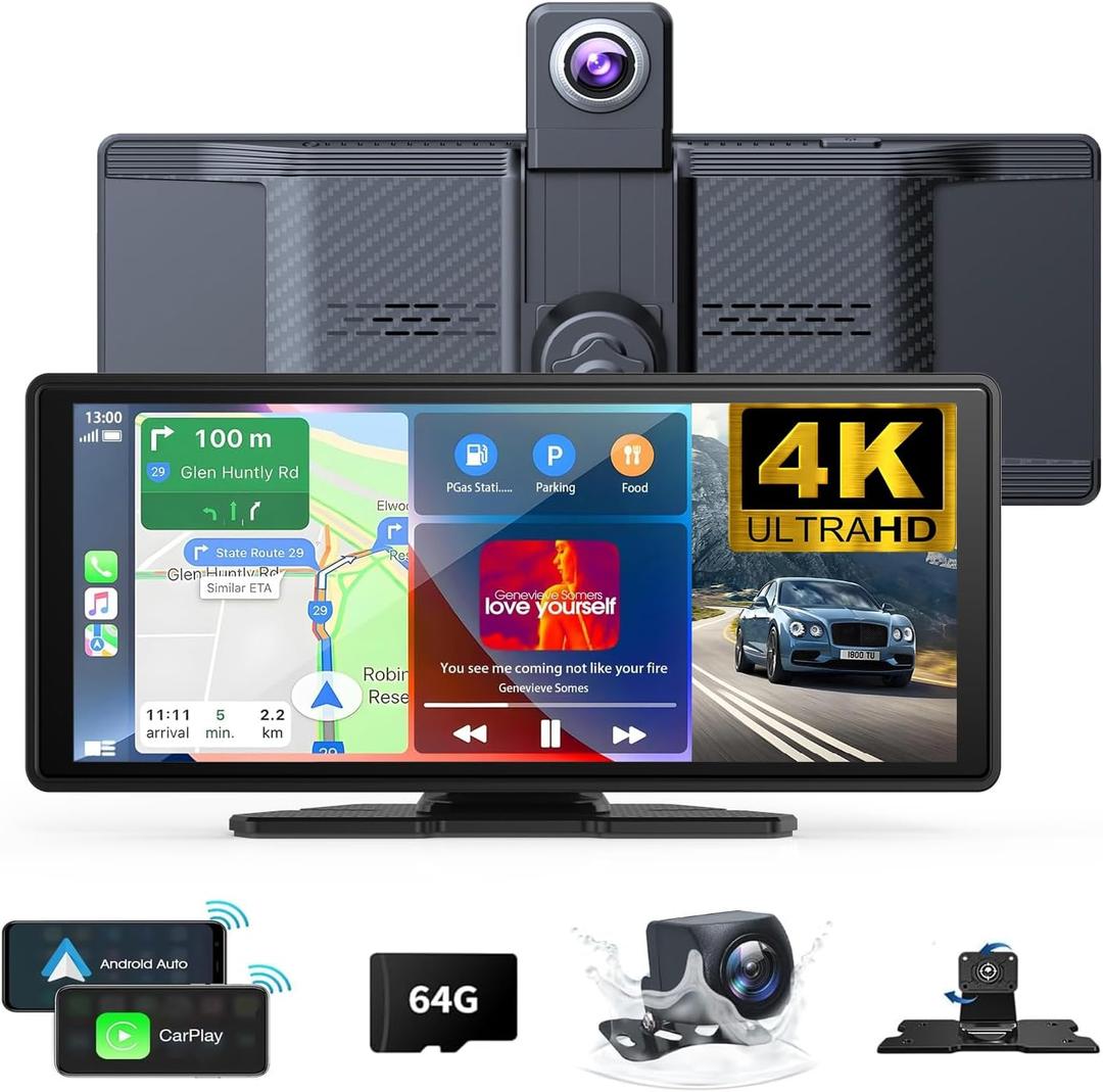 Wireless Carplay Screen for Car 10.26" 4K 360 Rotation Dash Cam Carplay&Android Auto Car Stereo 1080p Backup Camera GPS Navigation/Mirror Link/Voice Control/Siri/FM Satellite Radio Receiver