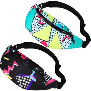 Sotiff 2 Pcs 80s 90s Fanny Pack Retro Waist Packs for Men Women Adjustable Casual Waist Bag Neon Cute Vintage Hiking Belt Bags for Travel Party Festival Hiking(Classic Style)