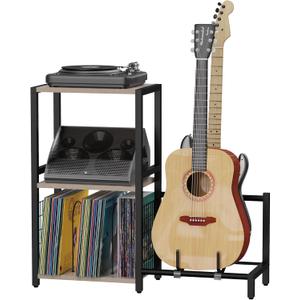 End Table with Guitar Stand,Record Player Stand,Vinyl Records Storage,2-Tier Guitar Stand for Acoustic,Turntable Stand for Music Studio,Grey