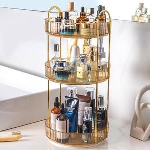 Rotating Makeup Organizer Countertop 3 Tier Lazy Susan Trays Clear Skincare Perfume Storage for Bathroom Counter Vanity, Amber Gold