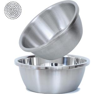304 Stainless Steel Microporous Colander, 2.5QT Large Capacity with Mixing Bowl For washing vegetables, fruit and rice and for draining cooked pasta(2PC) (Primary Colors)