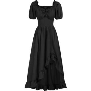 Scarlet Darkness Renaissance Dress Women Cottagecore Corset Dress Ruffle Maxi Dress with Pockets (Black, S)