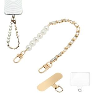 KEESOO Original Korean Chic Pearl Gold Leather Phone Charm, Versatile with Premium Gold Metal Phone Tab (Lustrous Silver)