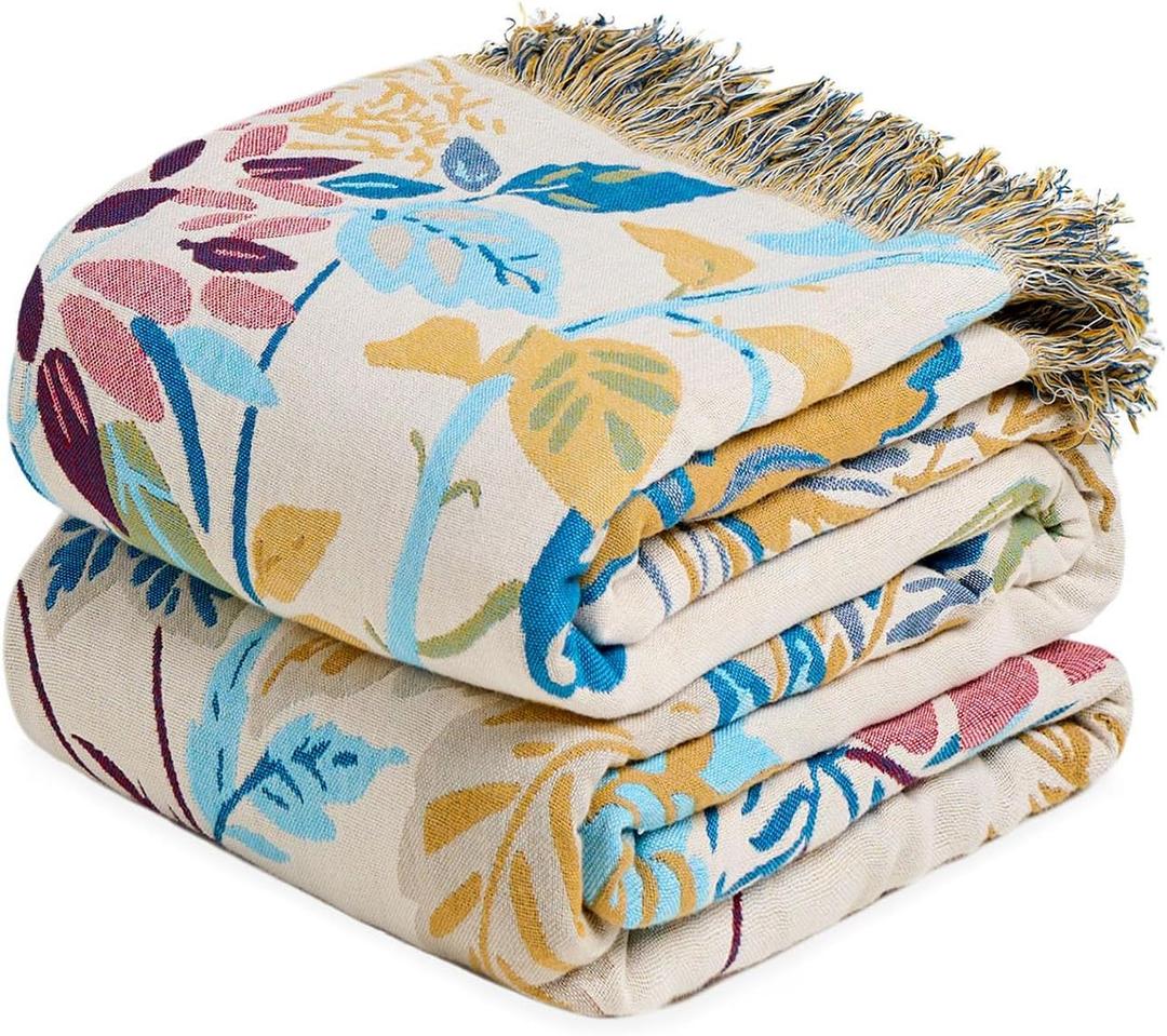 LUTBM Boho Throw Blanket for Couch Sofa Chair Cotton Spring Blankets for Bedroom Living Room All Season Soft Lightweight Reversible Floral Embroidery Decorative Throws 50"x60" Home Decor