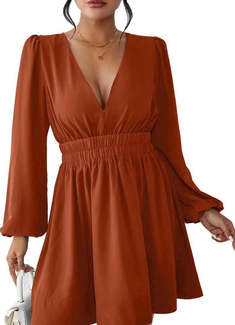 FAIABLE Mini Deep V Sexy Long Sleeve Dress for Women A-line High Waisted Casual Flowy Dress for Cocktail Wedding Guest Size M, Caramel