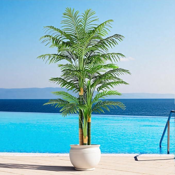 Keeplush 7ft Tall Triple Golden Cane Palm Artificial Tree Large Tropical Palm Tree UV Resistant Fake Plant in Pot for Indoor Outdoor Big House Living Room Outside Patio Office Home Decor 1Pack