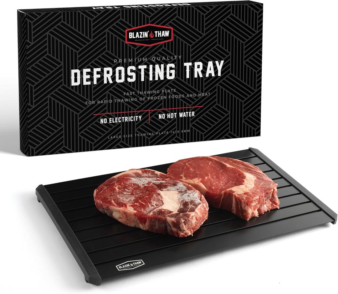 BLAZIN' THAW Defrosting Tray for Frozen Meat | 14” Large-Size | Aluminium Plate for Thawing Frozen Food | Natural Thawing Process | No Microwaves, No Cold/ Warm Water Required
