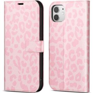 for iPhone 11 Wallet Case for Women, Flip Folio Purse Leather Phone Case with Credit Card Holder Slot RFID Blocking, Full Body Protection Girly Cute Leopard Cheetah Print Design, Pink