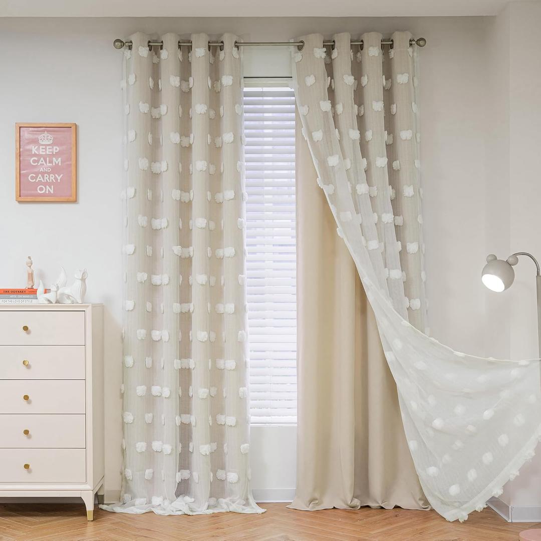 MYSKY HOME Kids Curtains for Girls Bedroom Double Layer Curtain for Daughter Room 84 Inches Long Pom Pom Sheer Drapes Beige Curtains for Living Room Grommet Room Darkening Panels W52 X L84