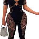 Women's Sexy See Through Outfit One Piece Bodycon Cut Out Mesh Jumpsuit, Size Small