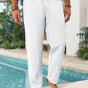 Runcati Mens Casual Pants Elastic Waist Drawstring Cotton Linen Pants Yoga Beach Summer Lightweight Trousers (L)