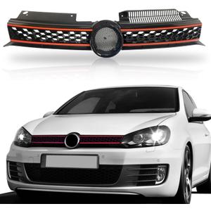 Front Upper Grill Black With Red Trim Grille Compatible With 2010 2011 2012 2013 2014 VW Volkswagen GTI Jetta Golf