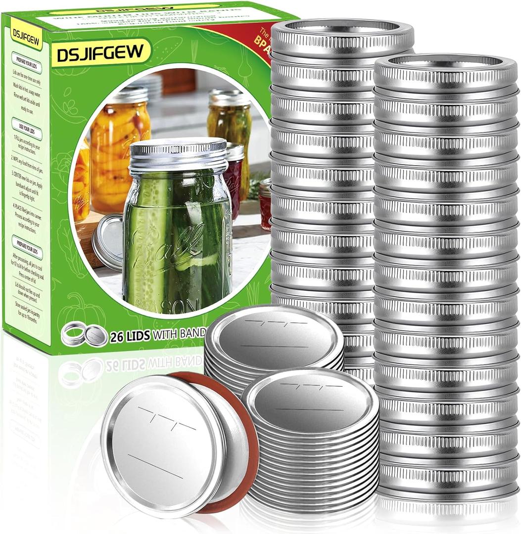 52Pcs Wide Mouth Canning Lids, Rings for Ball & Kerr Mason Jar Lids with Bands - Food Grade with Silicone Airtight Seal Split-Type Metal Large Ball Lids (Silver)
