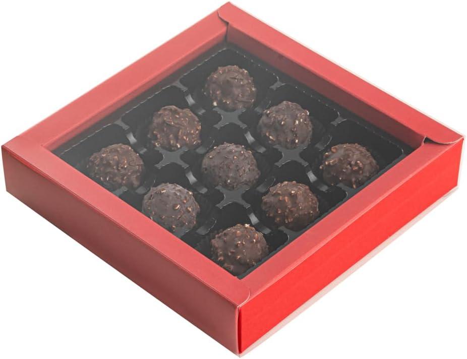 Restaurantware Sweet Vision 7.3 x 7.3 x 1.6 Inch Square Candy Boxes 10 Disposable Bakery Gift Boxes - 9 Compartments With Slidable Clear Lids Red Paper Boxes For Chocolate And Treats