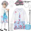MGparty 100th Day of School Costume for Girls, Old Lady Costume for Kids, Grandma Cosplay Dress Up (8-10 Years)