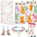 Easter Gift Basket for Women - Cute 16oz Glass Bunny Tumbler with Lid And Straw, Rabbit Bracelet, Bunny Earrings & Socks - Spring Easter Gifts for Her, Mom, Daughter, Sister