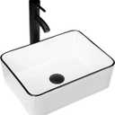 Ceramic Rectangular Bathroom Vessel Sink, 16'' x 12'' Above Counter Porcelain Small Sink with Faucet Combo, White Body with Black Trim on The Top
