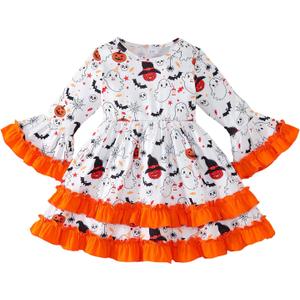 Halloween Little Girl Dress Pumpkin/Bat Outfit Flared Sleeve Ruffled Dresses 3-8T (White)