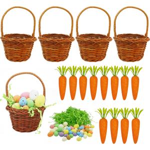 2 x Easter Basket Decorations Set, 4 Mini Baskets with Grass, 40 Foam Eggs, 12 Foam Carrots for Home Decor, Party Favors, Holiday Crafts