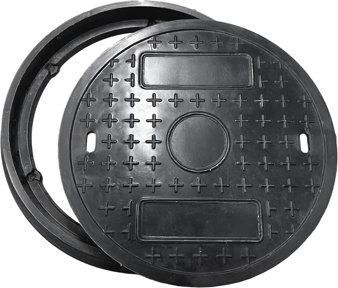 20in Round Manhole Covers and Frame,18in Clear Opening Fiberglass Replacement Solid Top Cover,Septic Tank Lid and Base for yard,Non-slip Reinforced Sewage Basin Cover(Overall size 22.8in) (Black)