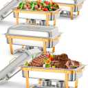 Chafing Dish Buffet Set, 8QT 4 Pack, Rectangle Chafing Dishes for Buffet w/Lid Holder, Stainless Steel Chafer Food Warmers Servers for Kitchen Party Banquet Dining, Gold