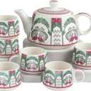 Porcelain Tea Set with 6 Cups and Teapot  Handmade Ceramic Gift Set for Women & Adults, Safe for Microwave and Dishwasher, Beautiful Design, Perfect for Tea Parties and Home Decor (Double Peacock)