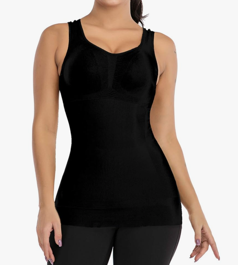 Shapewear Tank Top Tummy Control Vest Top Body Shaper Built in Shelf Bra Shirt, XL