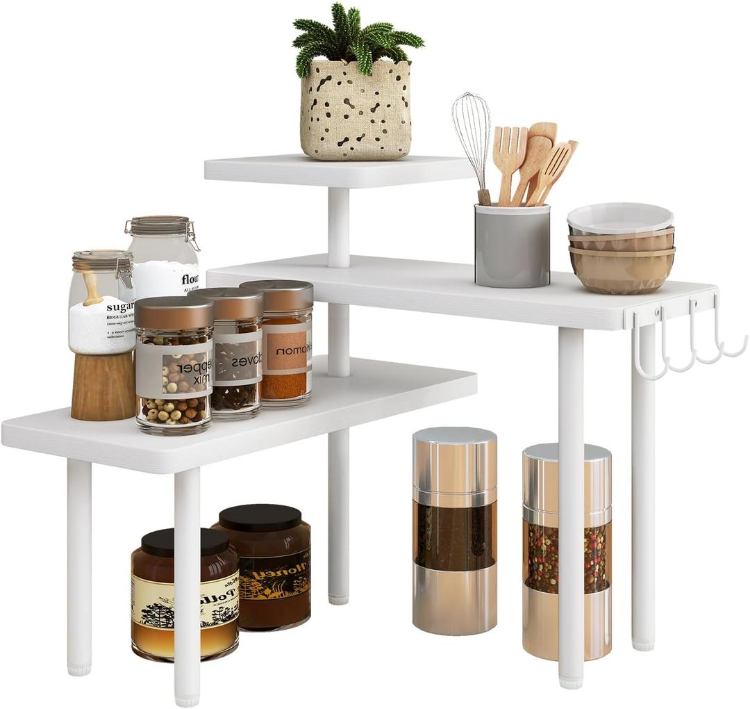 IBUYKE Countertop Organizer, 3-Tier Spice Racks, Kitchen Counter Corner Shelf, 4 Side Hooks, Adjustable Countertop Shelf for Kitchen, Bathroom, Coffee Bar, Cabinet, Desk, White, TLJ023W