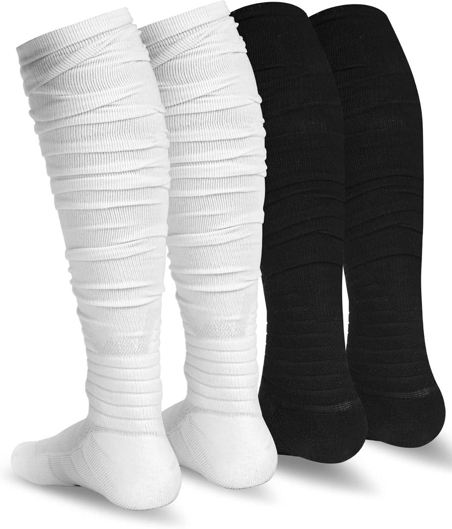 Finerview Scrunch Football Socks 2 Pairs, Extra Long Padded Sports Socks for Men & Women (L)