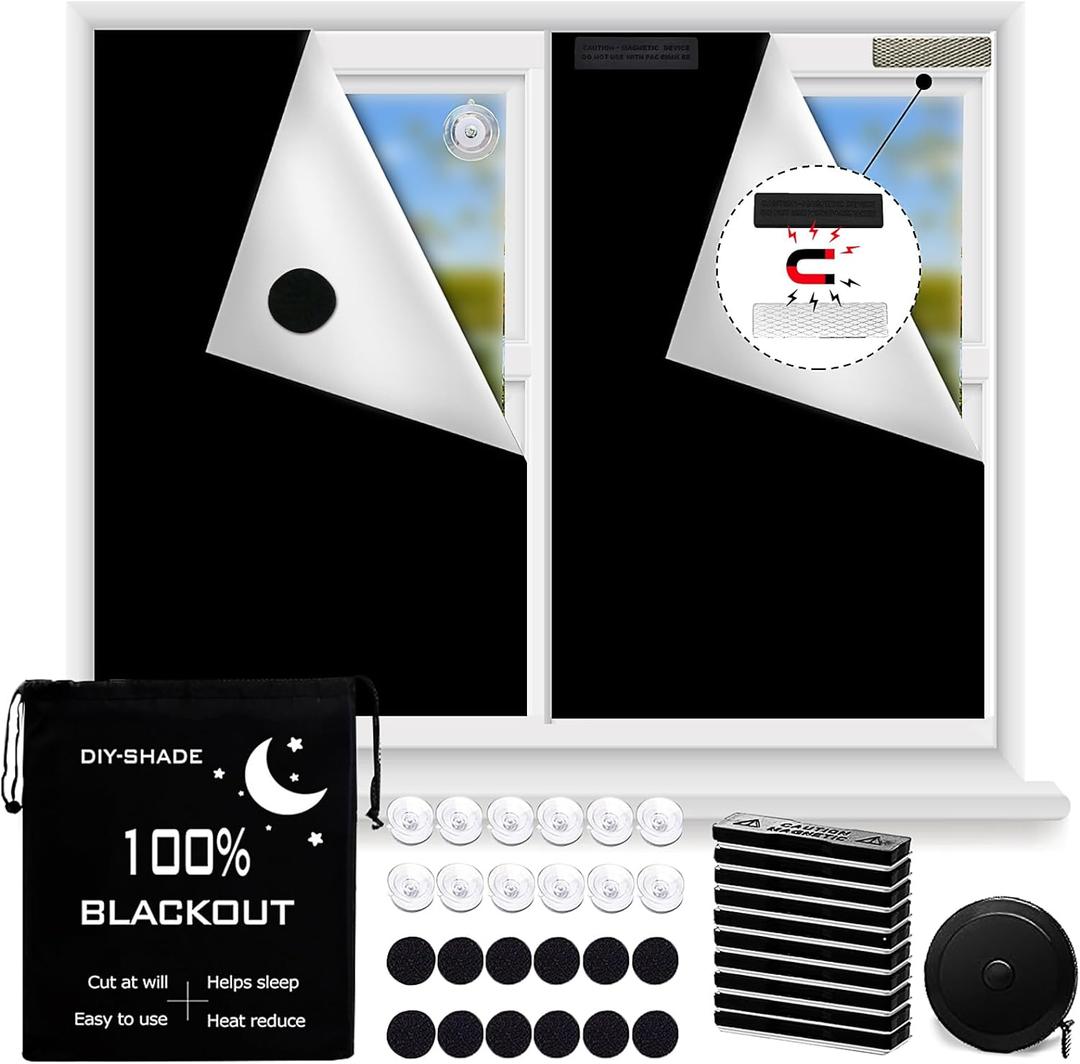 Magnetic Blackout Blind,100% Portable Blackout Curtain for Bedroom,No Drill Window Shades,DIY Cut Black Out Window Cover with Suction Cups and Magnetic Closure,2 Way to Put Up (118" x 57")