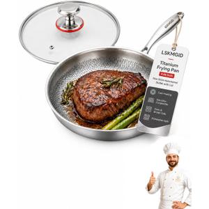 Titanium Pans for Cooking Frying Cookware 9.45inch Non Stick Small Pure Skillet Camping Hammered with Lid Even Heating Induction Compatible Oven & Broiler Dishwasher