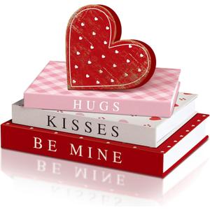 Thyle 4 Pcs Valentine's Day Decorative Books Wooden Heart Table Block Sign Fake Faux Aesthetic Coffee Table Books Decoration for Valentine Wedding Party Office Home Shelf Decor