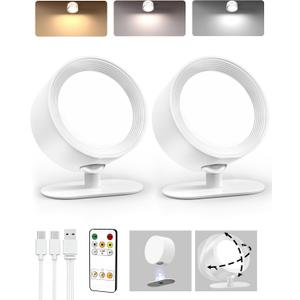 LED Wall Mounted Lights, Rechargeable Wall Sconces Lamp, 3 Color Temps & Remote and Touch, 360Rotation Dimmable Cordless Wall Light for Study Bedroom Reading Bedside(White, 2 Pack)