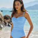 QINSEN Women's Spagetti Strap Ruched One Piece Swimsuit Retro Tummy Control Bathing Suit, Size M