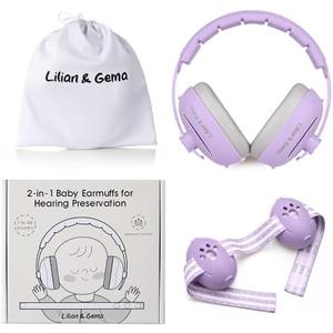 Lilian&Gema 2-in-1 Baby Ear Muffs Noise Protection up to 48 Months - Baby Airplane/Travel Essentials - Adjustable Noise Reduction Earmuffs - Ear Protection Headphones for Infant & Toddler, Purple
