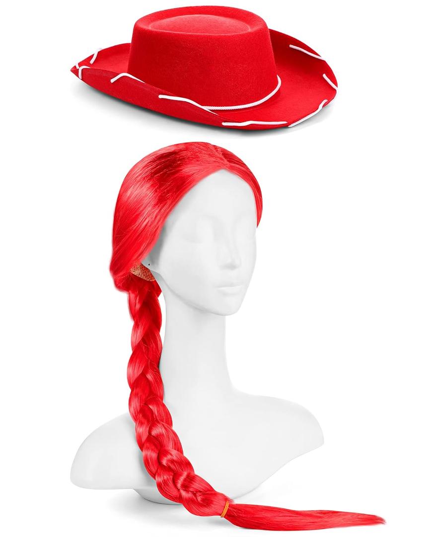 2 Pcs Long Red Braids Wig with Western Cowboy Hats Cowgirl Cosplay Costume for Kids Cowgirl Halloween Cosplay Costume
